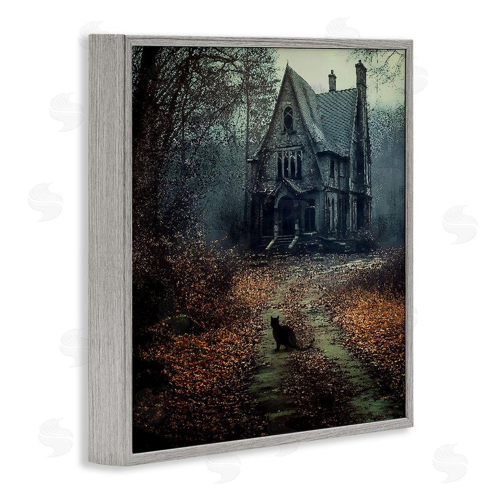 Jacky Ngan Cat at Eerie Haunted Mansion Gray Framed Giclee Wall Art Print