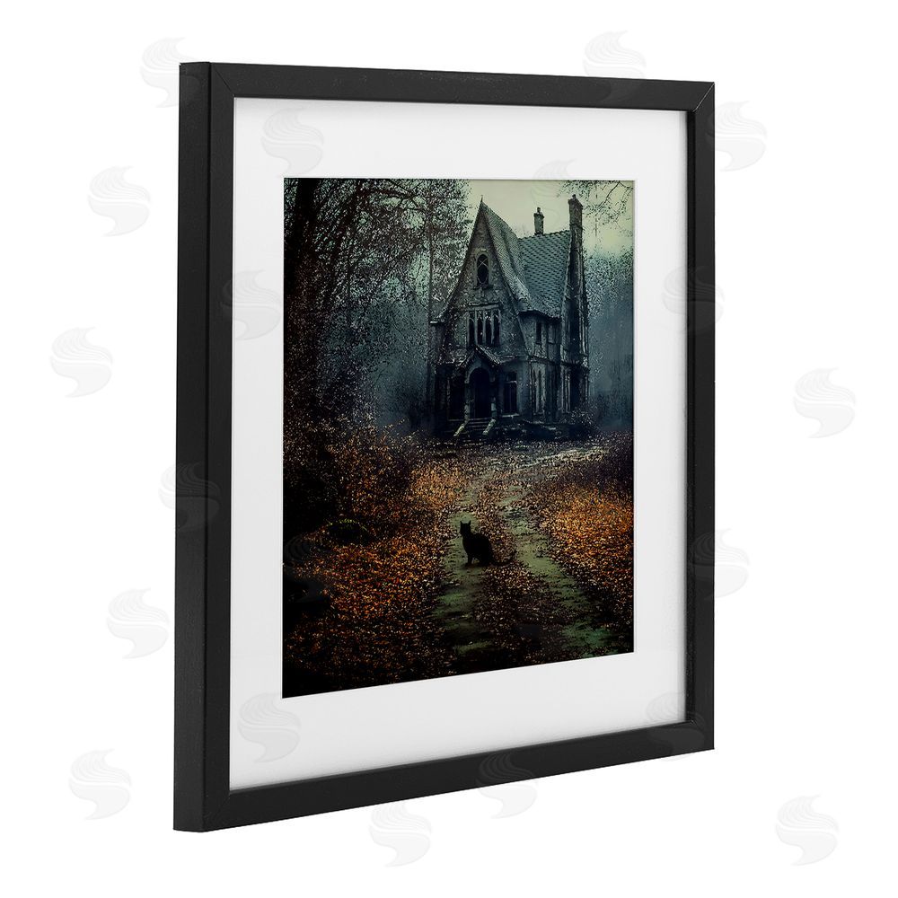 Jacky Ngan Cat at Eerie Haunted Mansion Black Framed Print Under Glass Wall Art