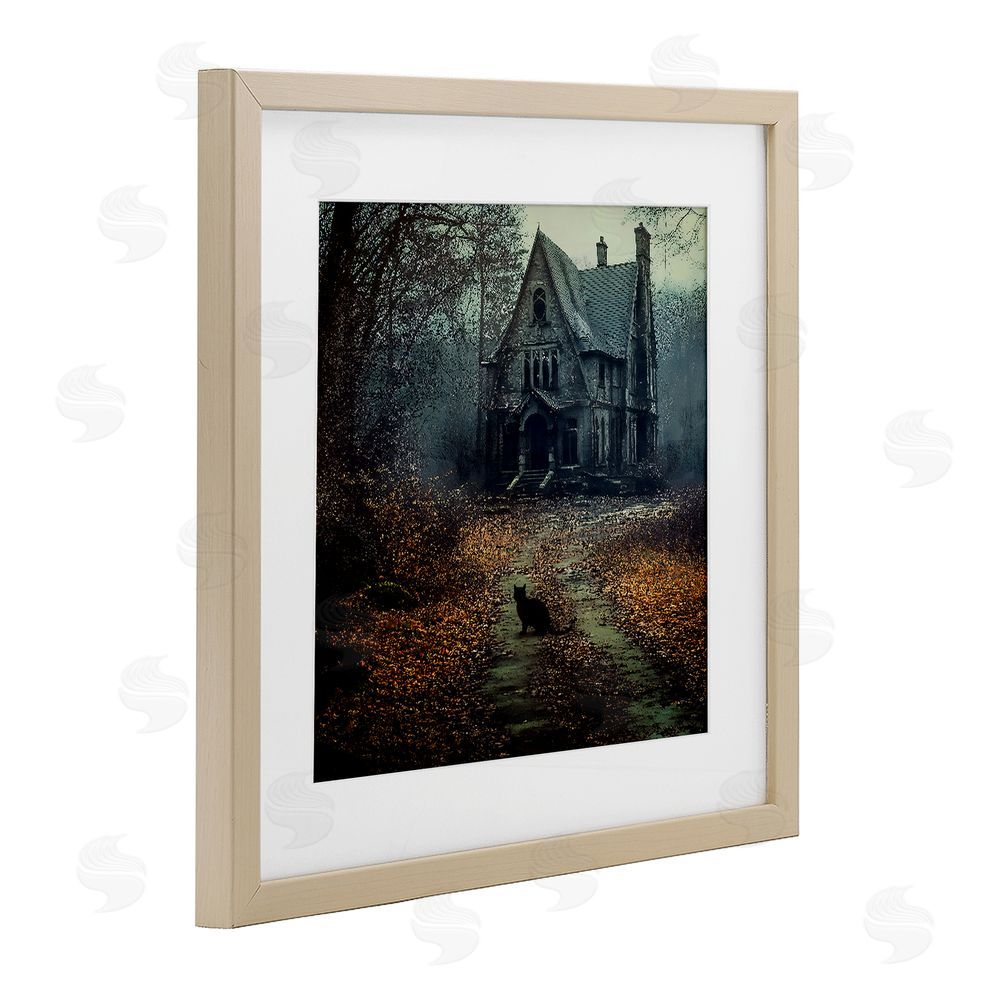 Jacky Ngan Cat at Eerie Haunted Mansion Brown Framed Print Under Glass Wall Art