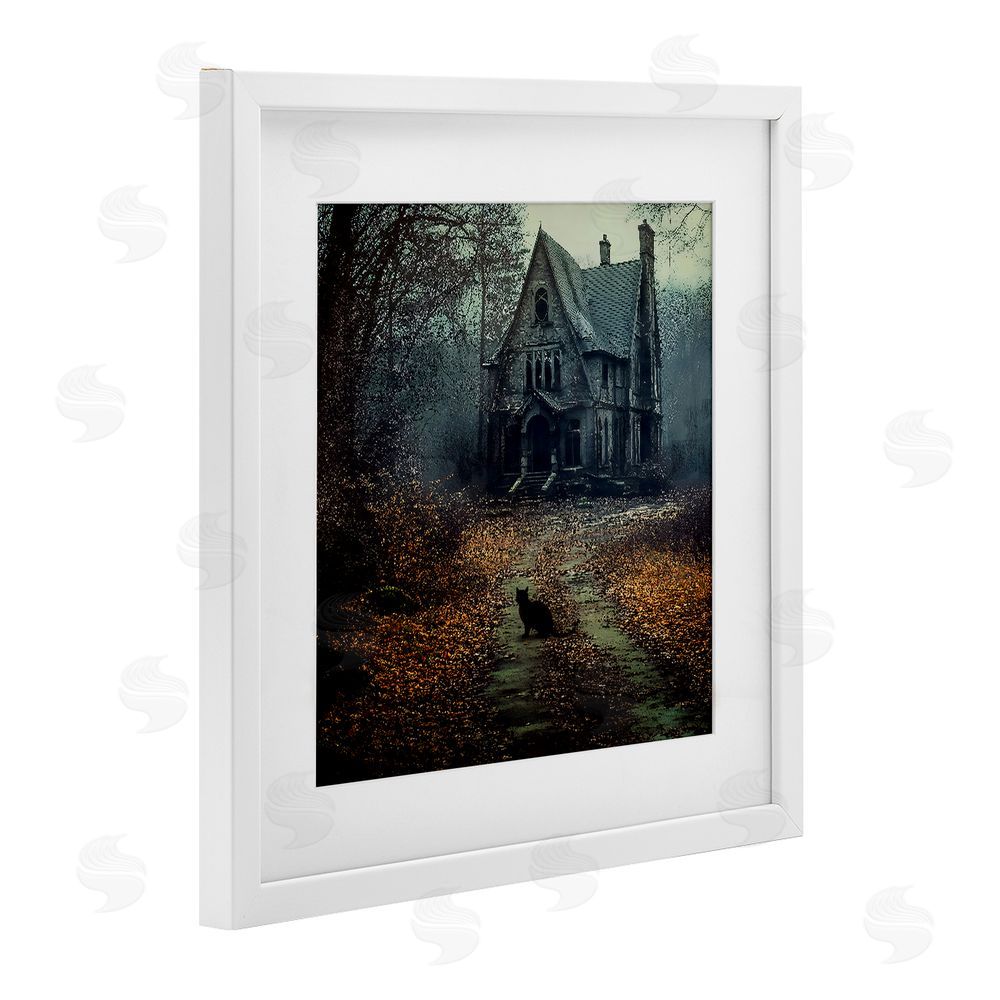 Jacky Ngan Cat at Eerie Haunted Mansion White Framed Print Under Glass Wall Art