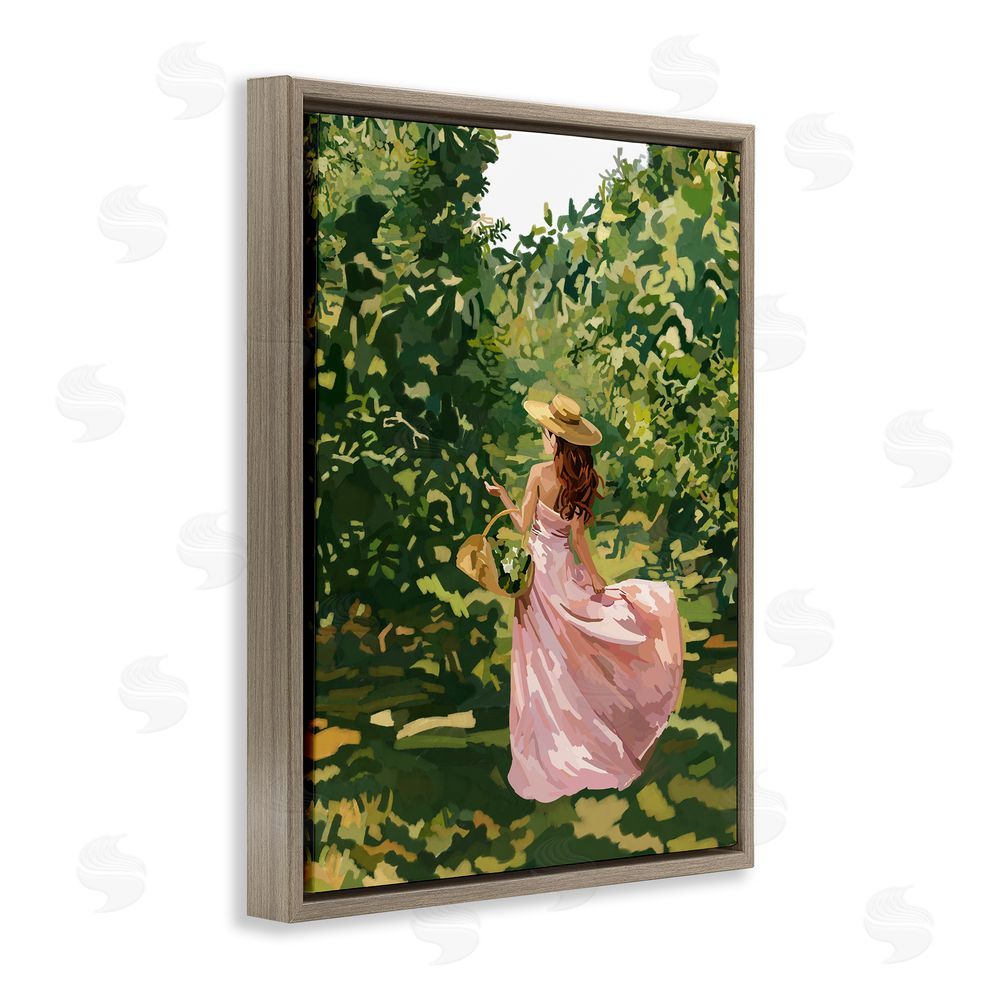 Amelia Noyes Brunette Flower Picking in Field Brown Floating Frame Canvas Wall Art Print