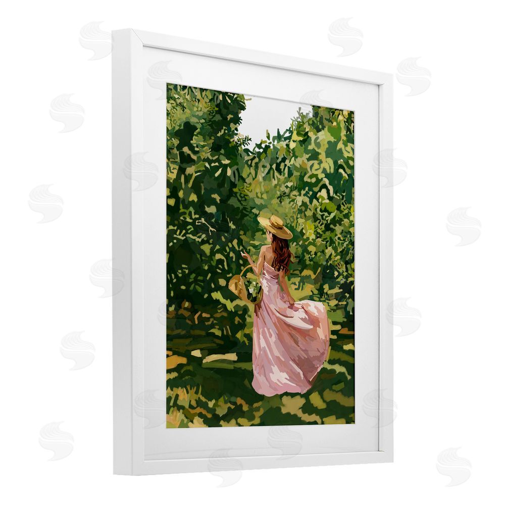 Amelia Noyes Brunette Flower Picking in Field White Framed Print Under Glass Wall Art