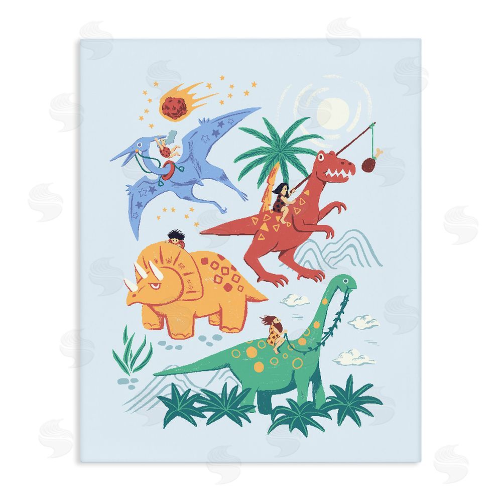 Ethel Fong Cavemen Riding The Dinosaurs Stretched Canvas Wall Art Print