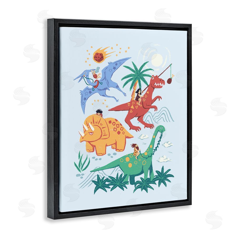 Ethel Fong Cavemen Riding The Dinosaurs Black Floating Frame Canvas Wall Art Print