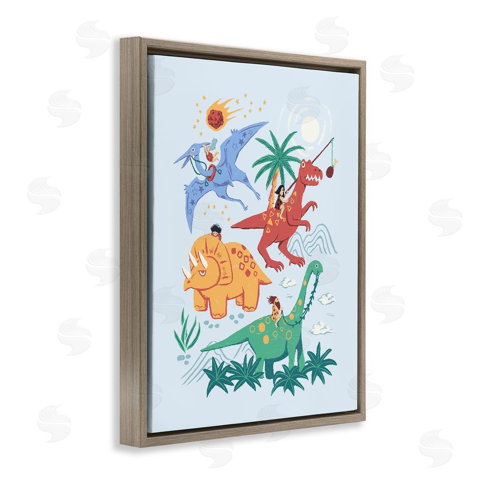 Ethel Fong Cavemen Riding The Dinosaurs Brown Floating Frame Canvas Wall Art Print
