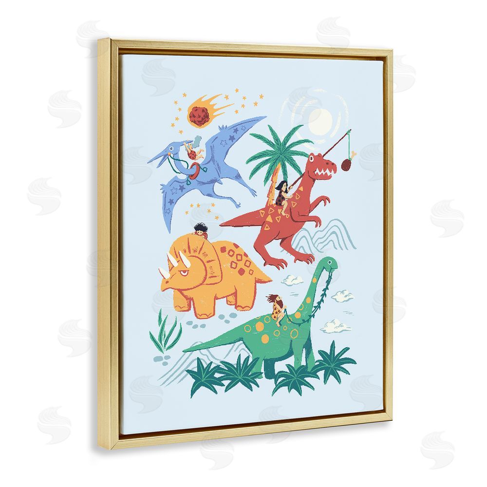 Ethel Fong Cavemen Riding The Dinosaurs Gold Floating Frame Canvas Wall Art Print