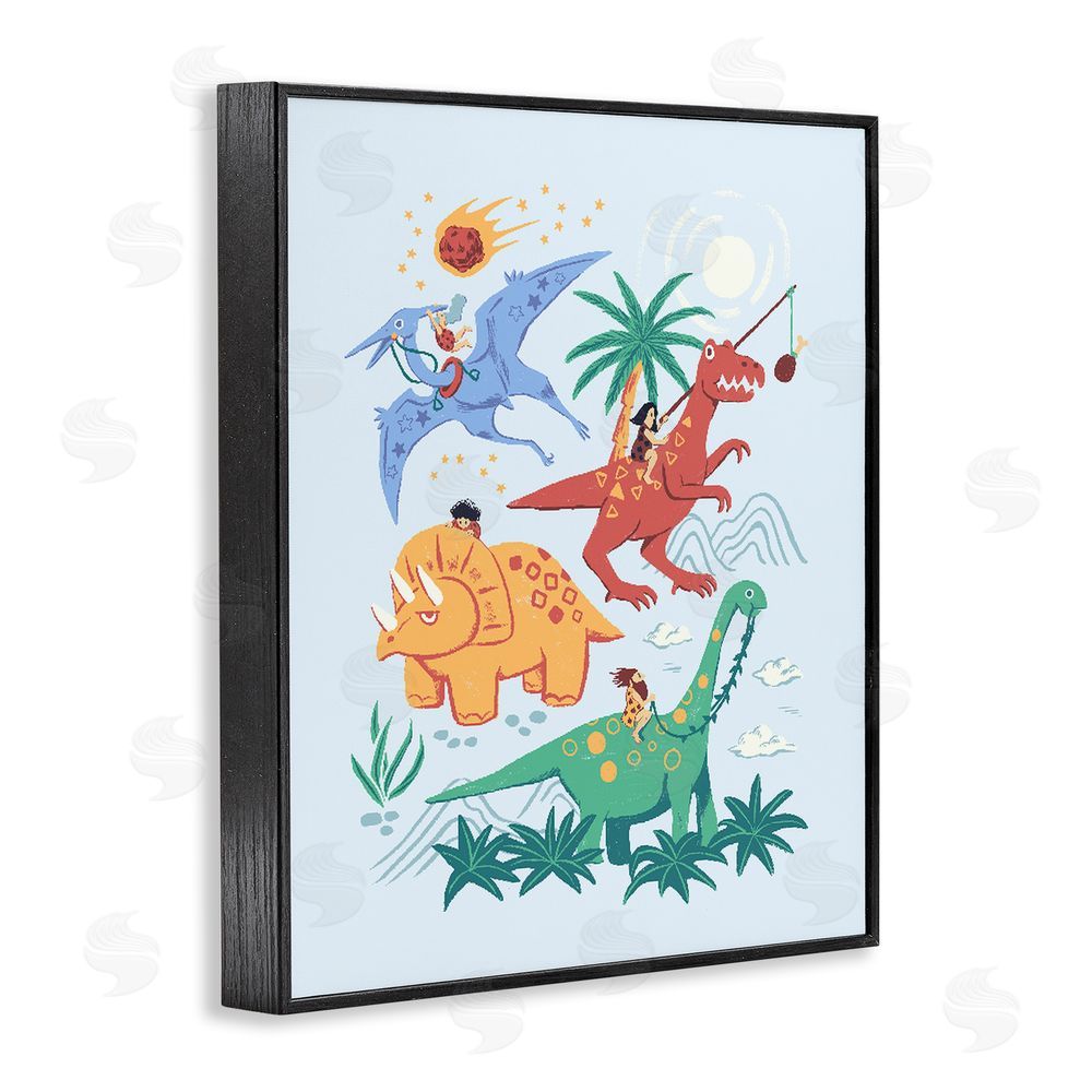 Ethel Fong Cavemen Riding The Dinosaurs Black Framed Giclee Wall Art Print