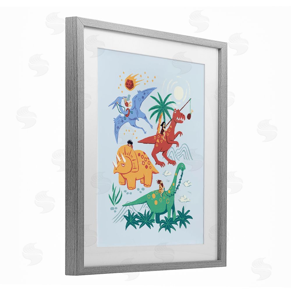 Ethel Fong Cavemen Riding The Dinosaurs Gray Framed Print Under Glass Wall Art