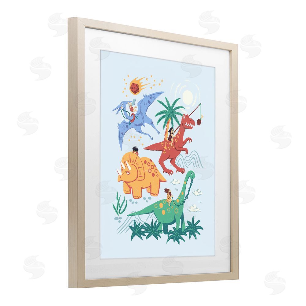 Ethel Fong Cavemen Riding The Dinosaurs Brown Framed Print Under Glass Wall Art