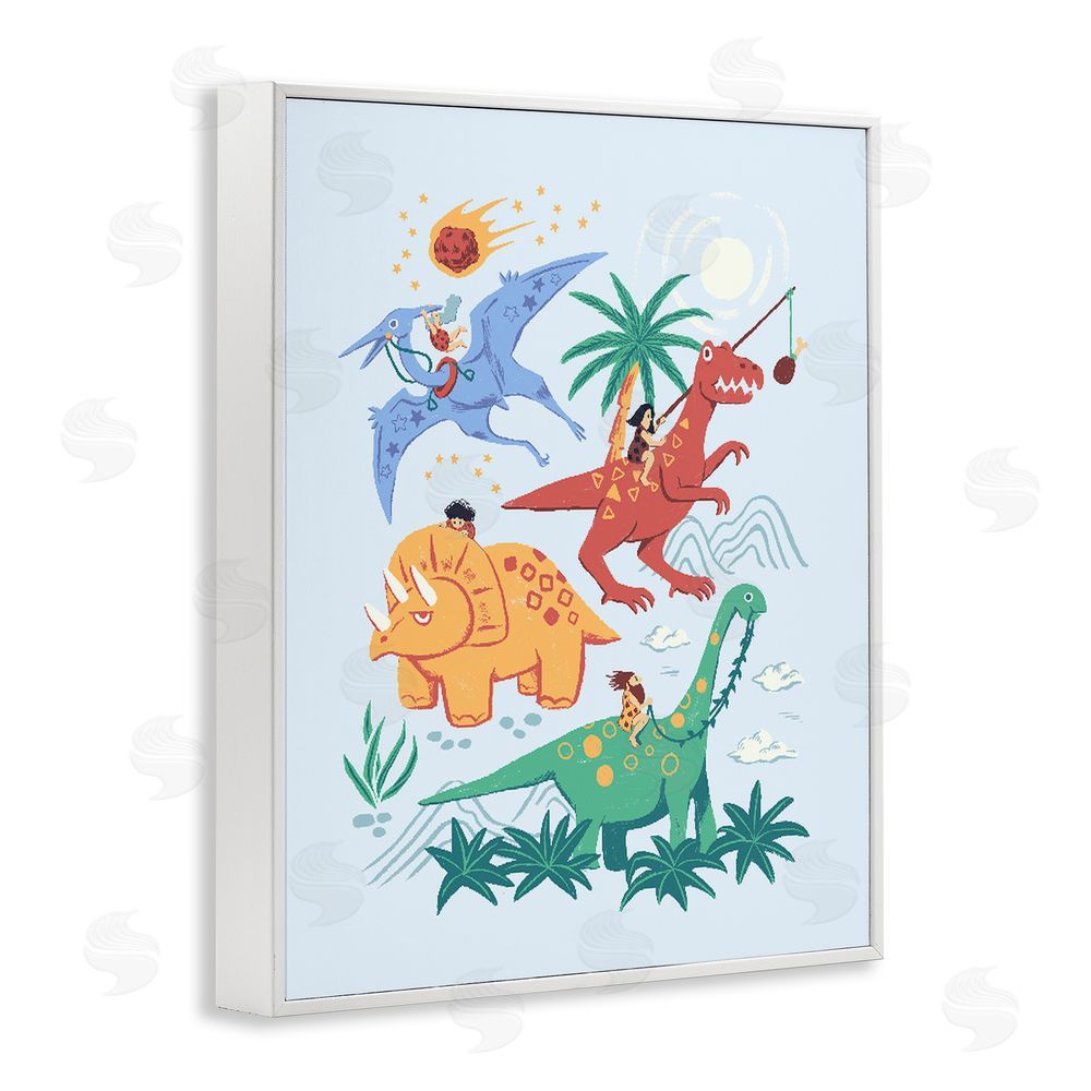 Ethel Fong Cavemen Riding The Dinosaurs White Framed Giclee Wall Art Print