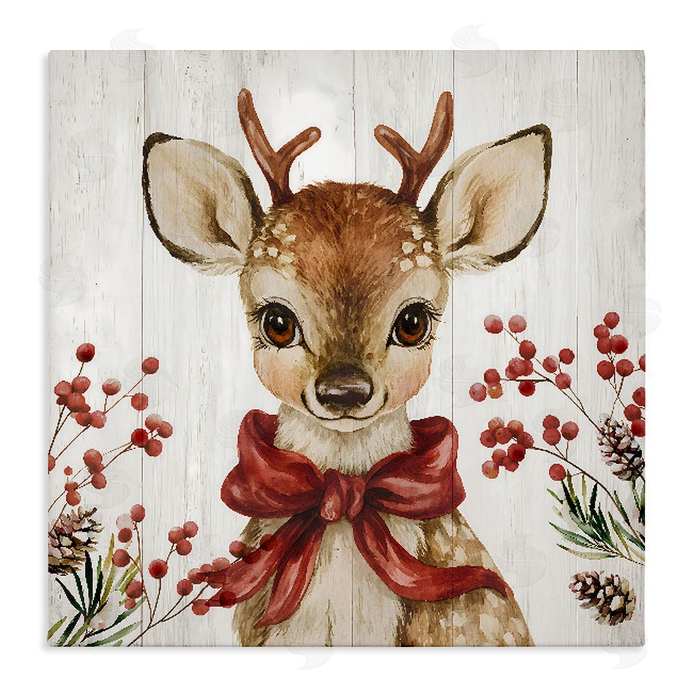 Jacky Ngan Blushing Winter Fawn with Berries Stretched Canvas Wall Art Print