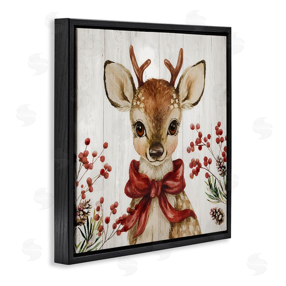 Jacky Ngan Blushing Winter Fawn with Berries Black Floating Frame Canvas Wall Art Print