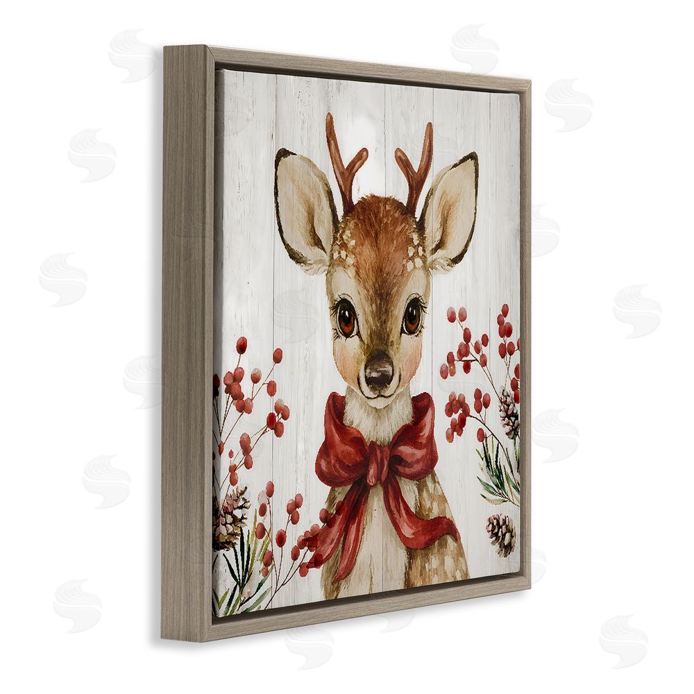 Jacky Ngan Blushing Winter Fawn with Berries Brown Floating Frame Canvas Wall Art Print