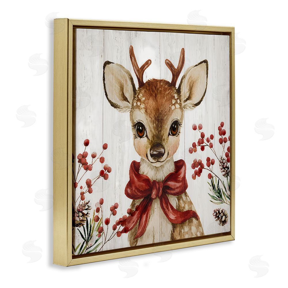 Jacky Ngan Blushing Winter Fawn with Berries Gold Floating Frame Canvas Wall Art Print