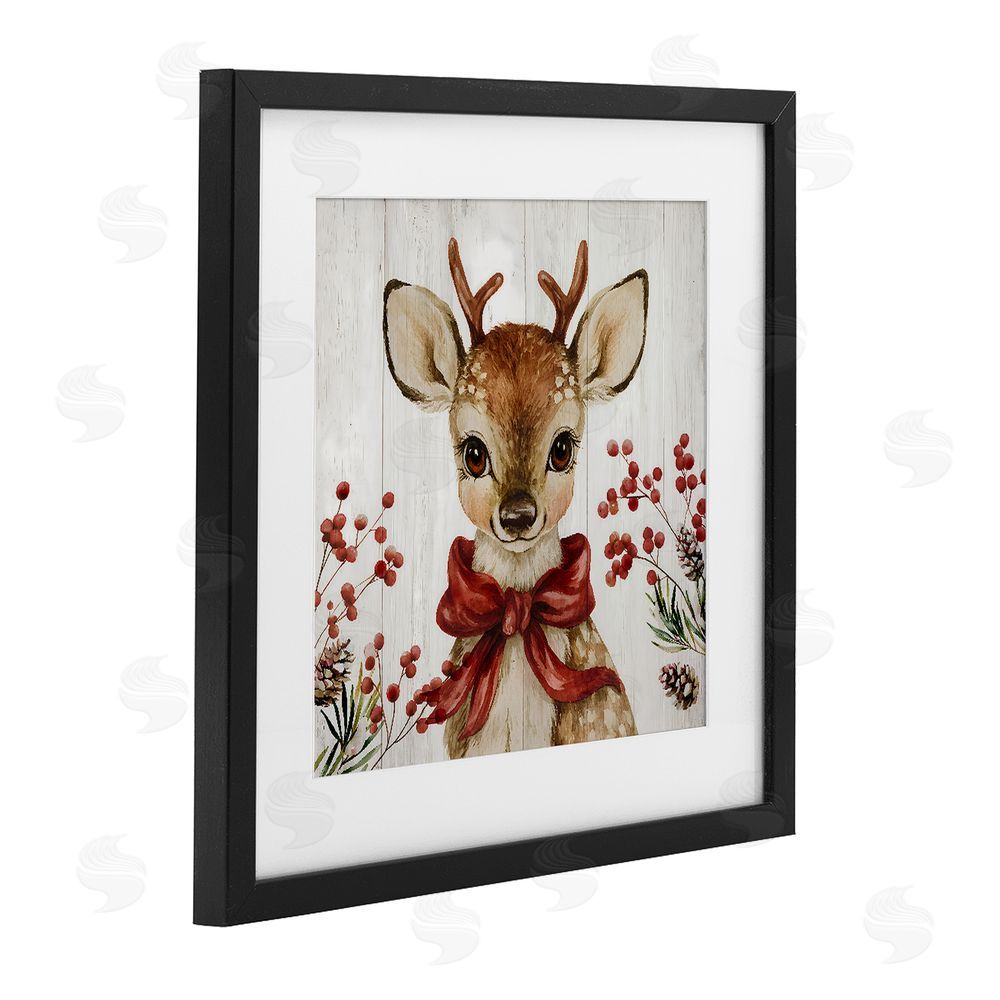 Jacky Ngan Blushing Winter Fawn with Berries Black Framed Print Under Glass Wall Art