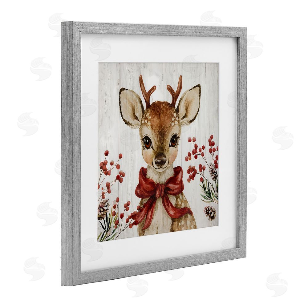 Jacky Ngan Blushing Winter Fawn with Berries Gray Framed Print Under Glass Wall Art