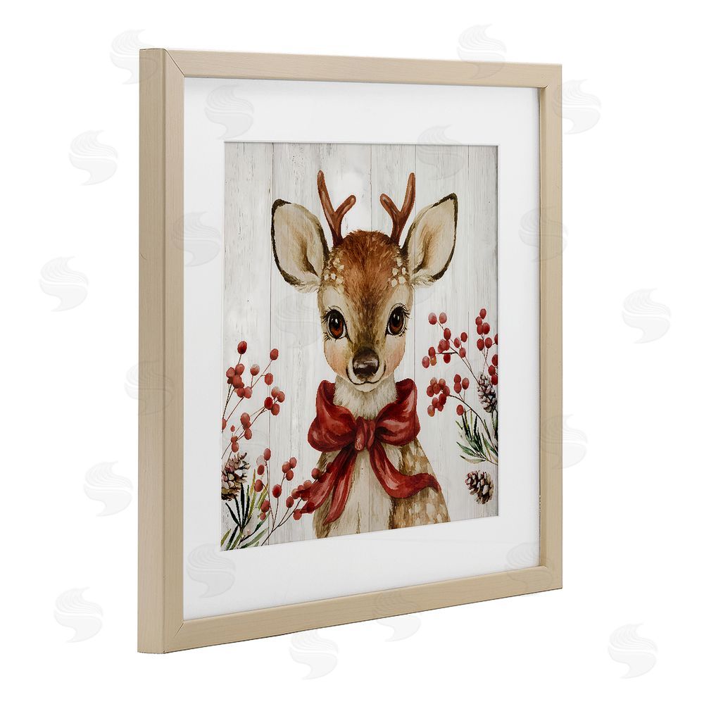 Jacky Ngan Blushing Winter Fawn with Berries Brown Framed Print Under Glass Wall Art