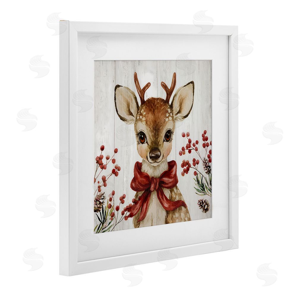 Jacky Ngan Blushing Winter Fawn with Berries White Framed Print Under Glass Wall Art