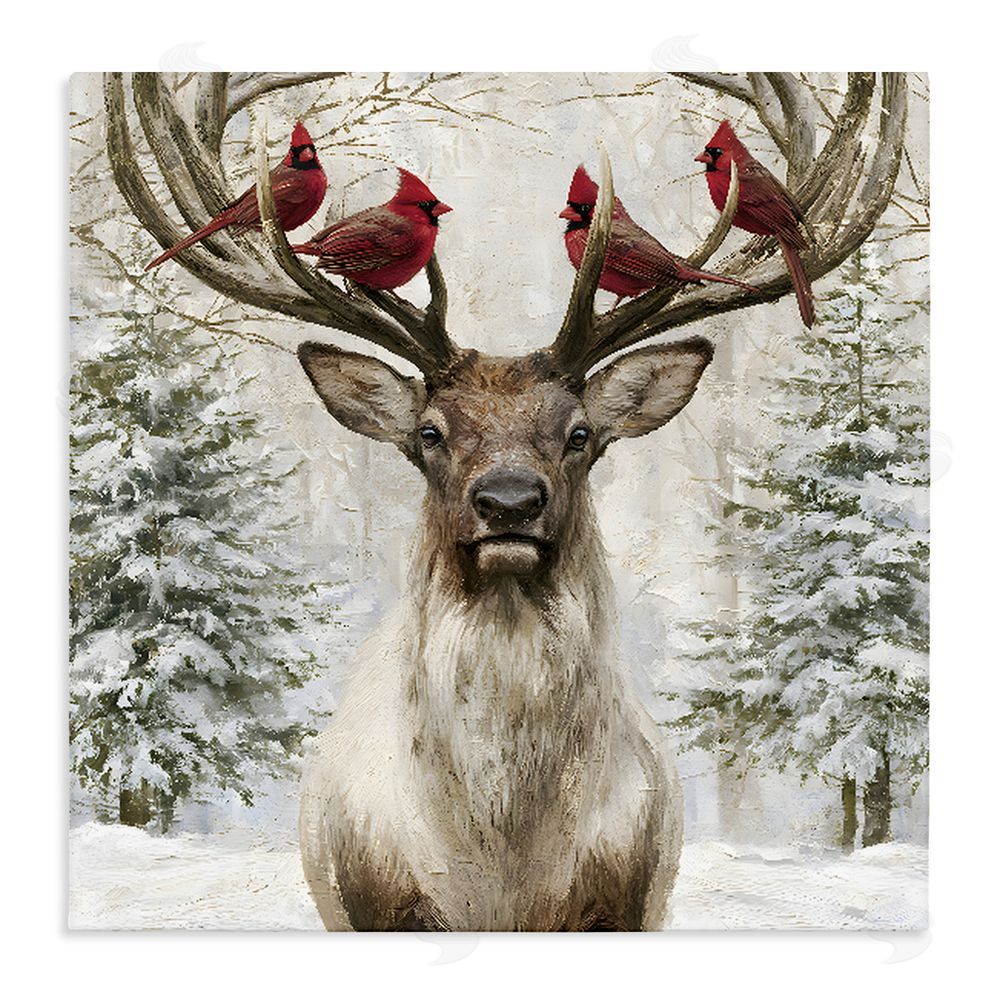 Jacky Ngan Cardinals on Reindeer Antlers Stretched Canvas Wall Art Print