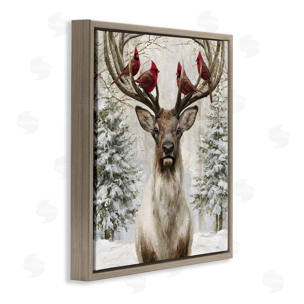 Jacky Ngan Cardinals on Reindeer Antlers Brown Floating Frame Canvas Wall Art Print