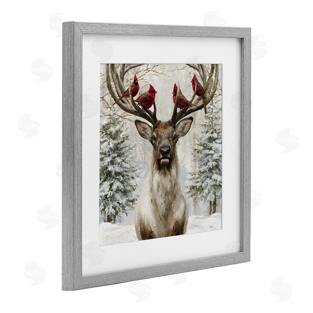 Jacky Ngan Cardinals on Reindeer Antlers Gray Framed Print Under Glass Wall Art