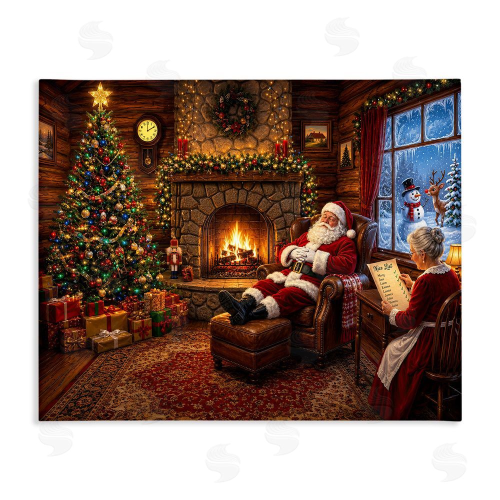 Tom Crehan Claus Couple by Fireplace Stretched Canvas Wall Art Print