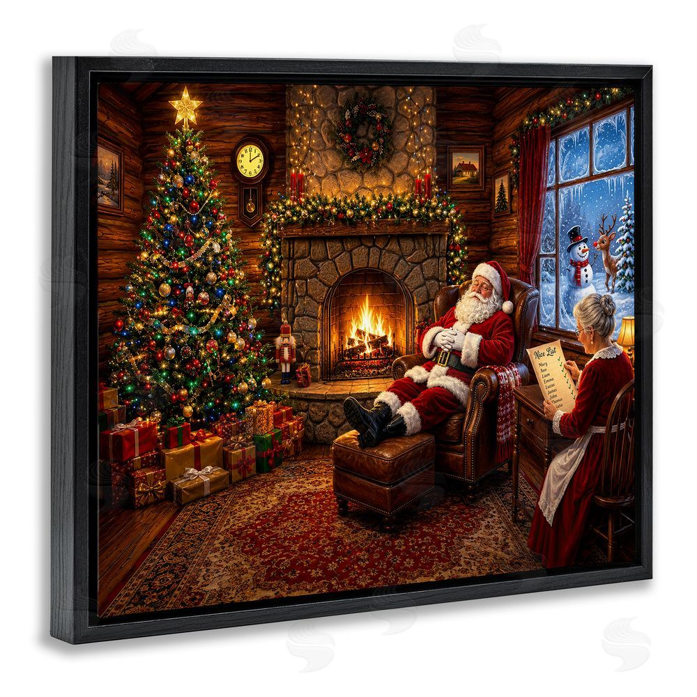Tom Crehan Claus Couple by Fireplace Black Floating Frame Canvas Wall Art Print