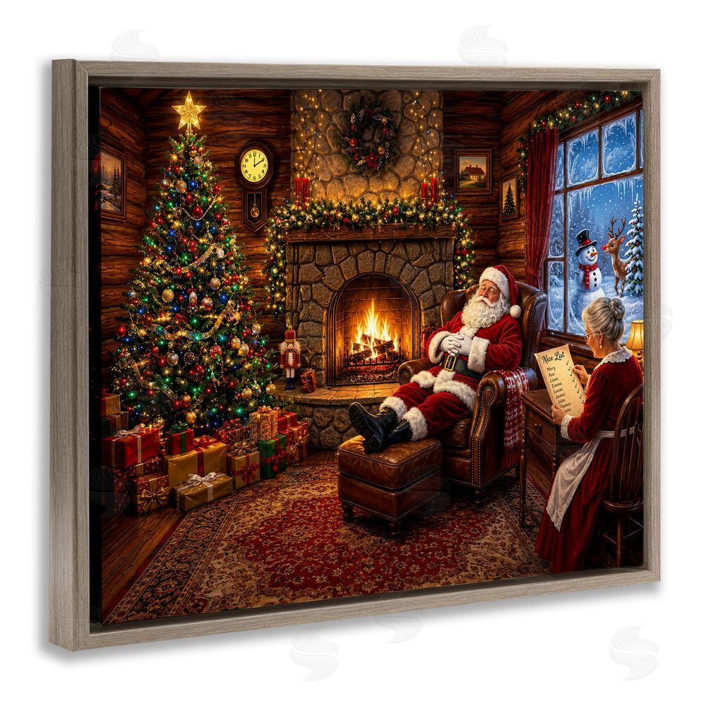 Tom Crehan Claus Couple by Fireplace Brown Floating Frame Canvas Wall Art Print