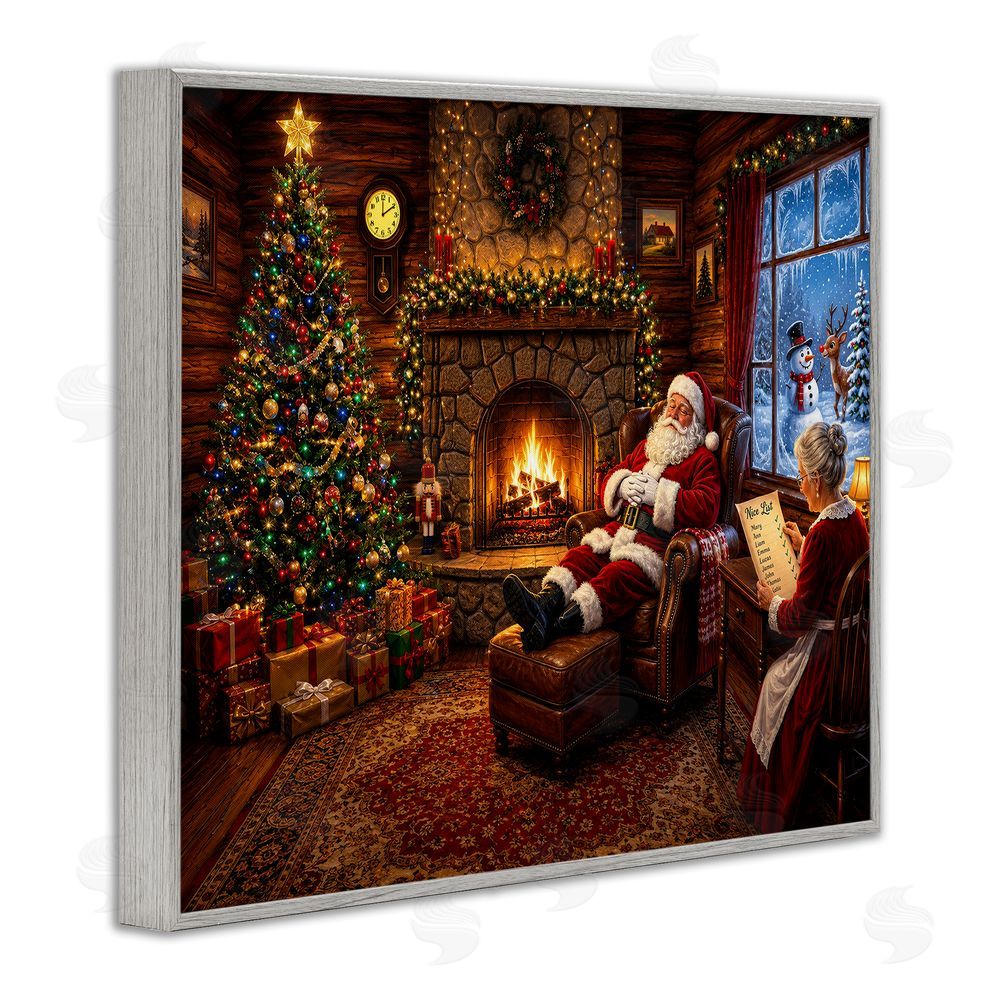Tom Crehan Claus Couple by Fireplace Gray Framed Giclee Wall Art Print