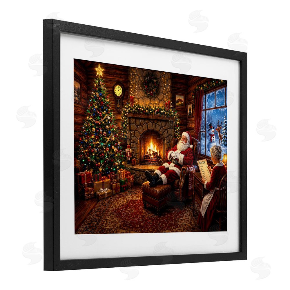 Tom Crehan Claus Couple by Fireplace Black Framed Print Under Glass Wall Art