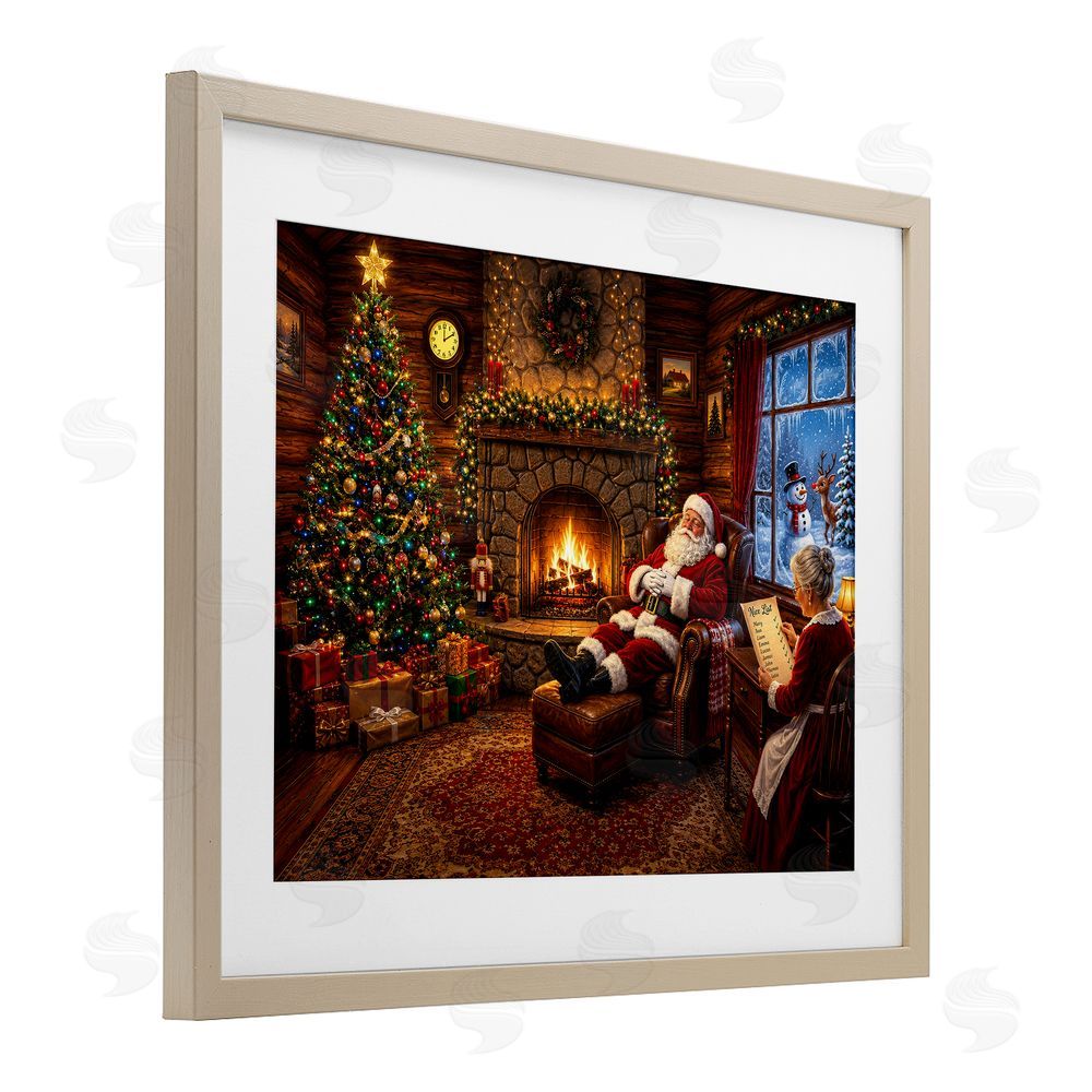 Tom Crehan Claus Couple by Fireplace Brown Framed Print Under Glass Wall Art