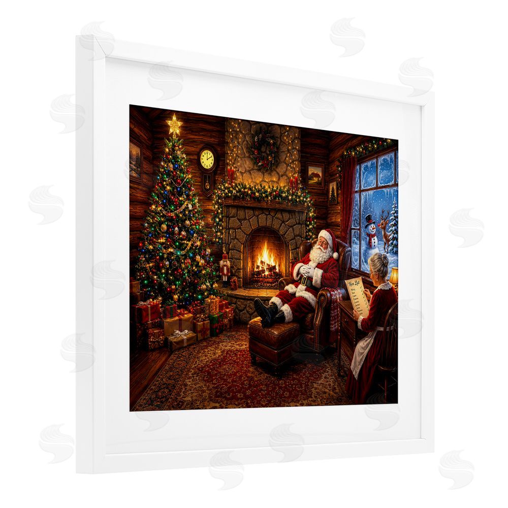 Tom Crehan Claus Couple by Fireplace White Framed Print Under Glass Wall Art