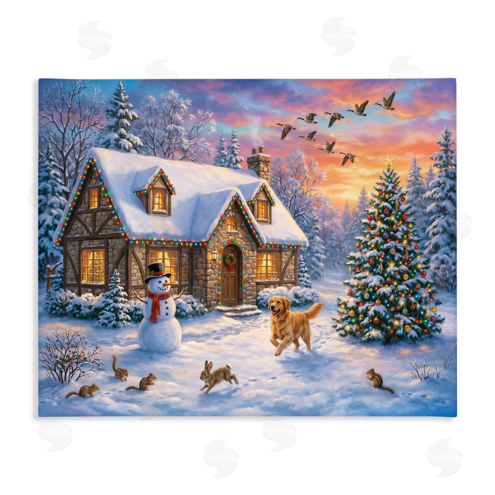 Imagine It Images Animals & Winter Stone Cottage Stretched Canvas Wall Art Print