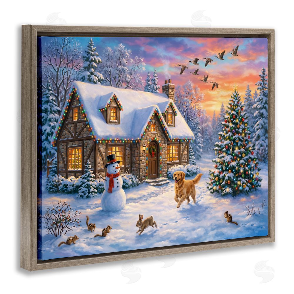 Imagine It Images Animals & Winter Stone Cottage Brown Floating Frame Canvas Wall Art Print