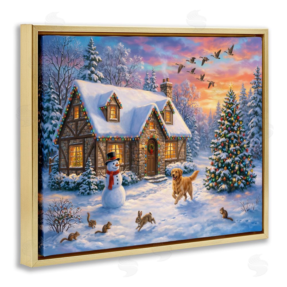 Imagine It Images Animals & Winter Stone Cottage Gold Floating Frame Canvas Wall Art Print