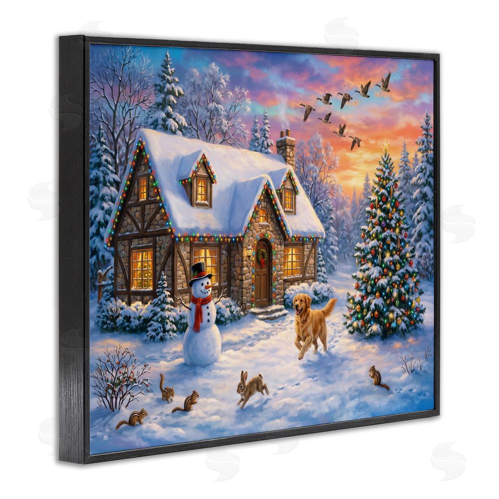 Imagine It Images Animals & Winter Stone Cottage Black Framed Giclee Wall Art Print