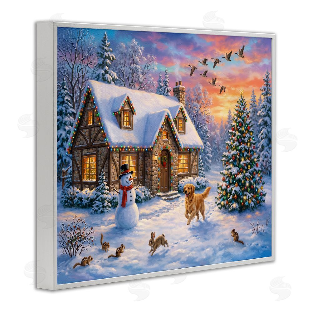 Imagine It Images Animals & Winter Stone Cottage White Framed Giclee Wall Art Print