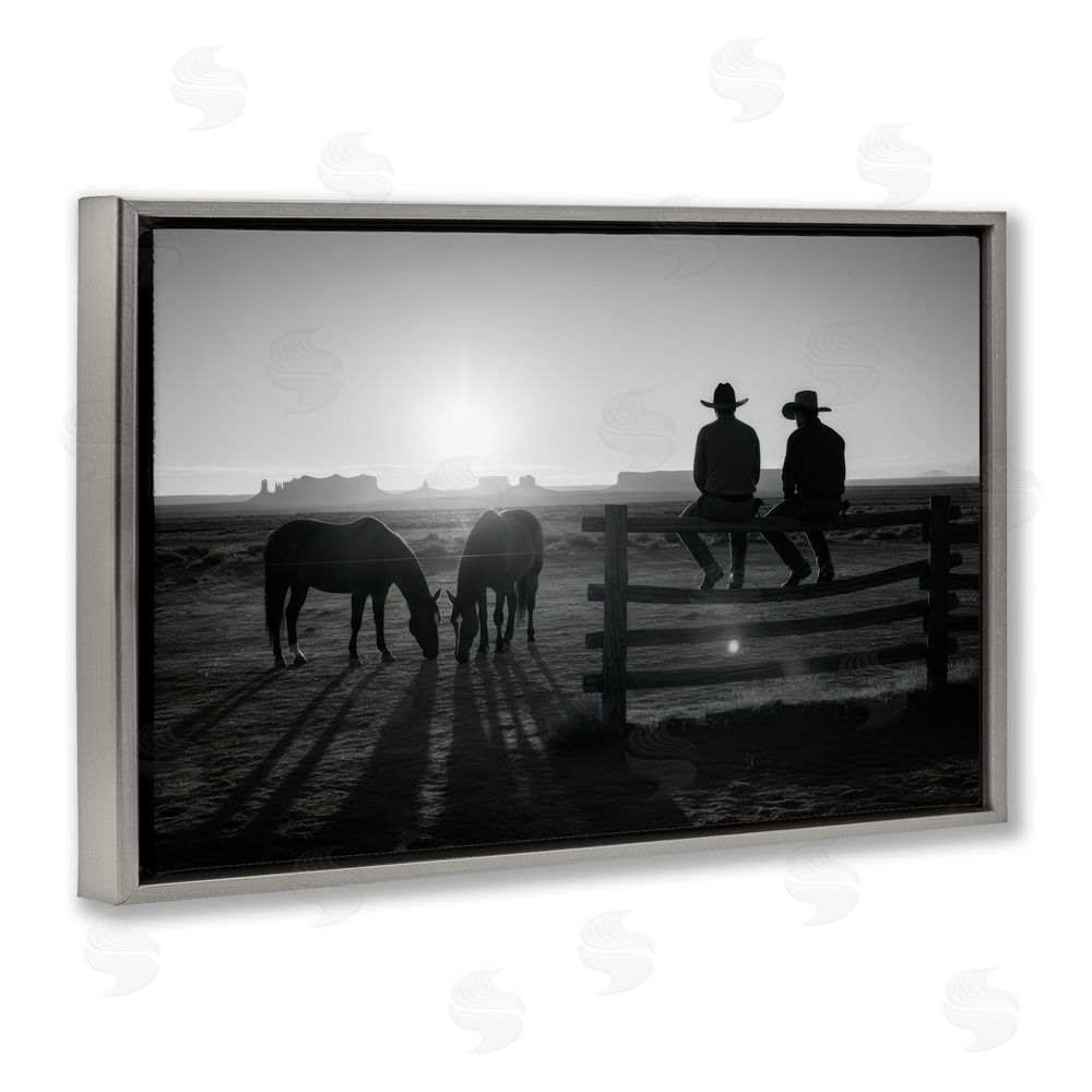 A Barefoot Stylist After The Ride Cowboy Silhouettes Gray Floating Frame Canvas Wall Art Print