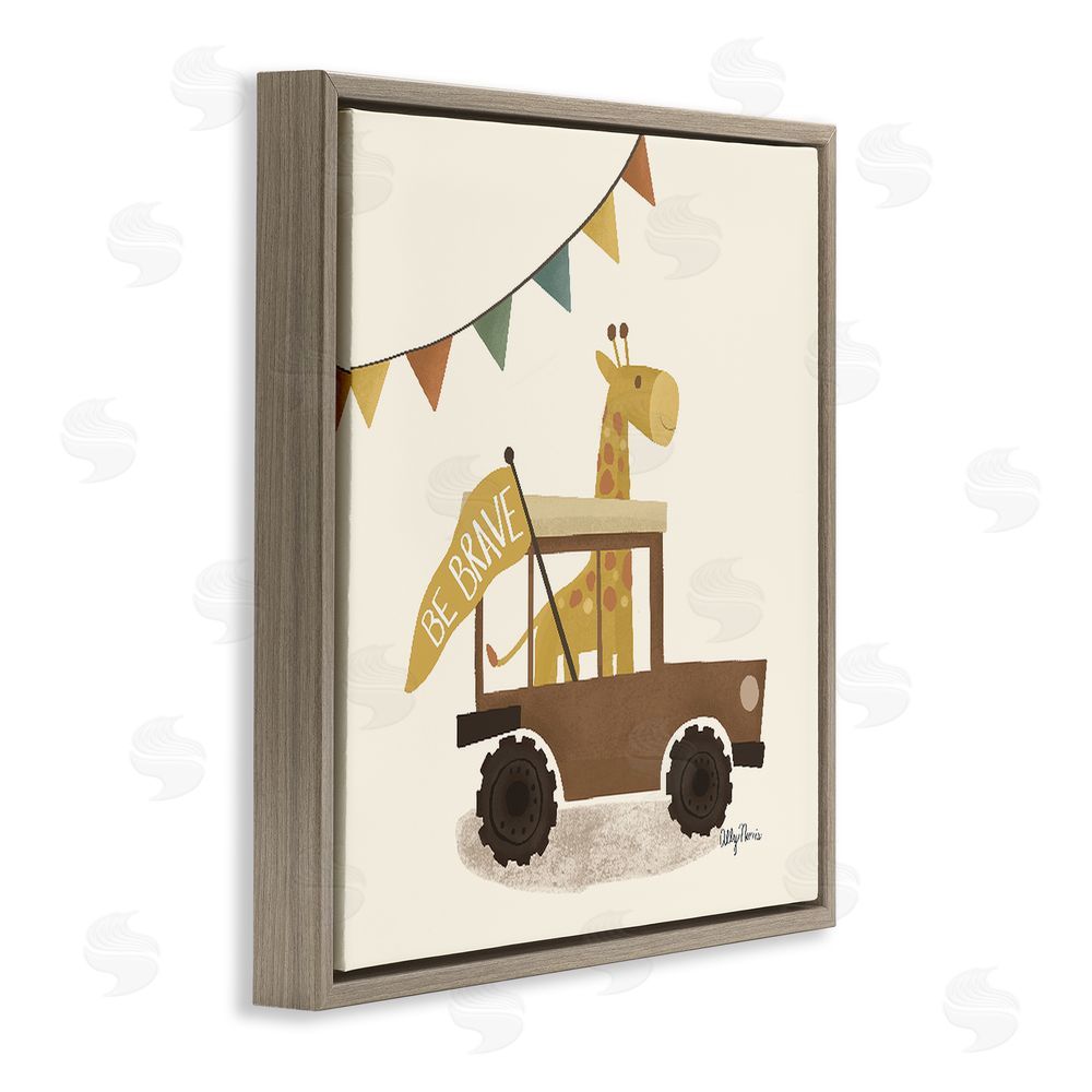 Allyson Norris Be Brave Giraffe in Car Brown Floating Frame Canvas Wall Art Print