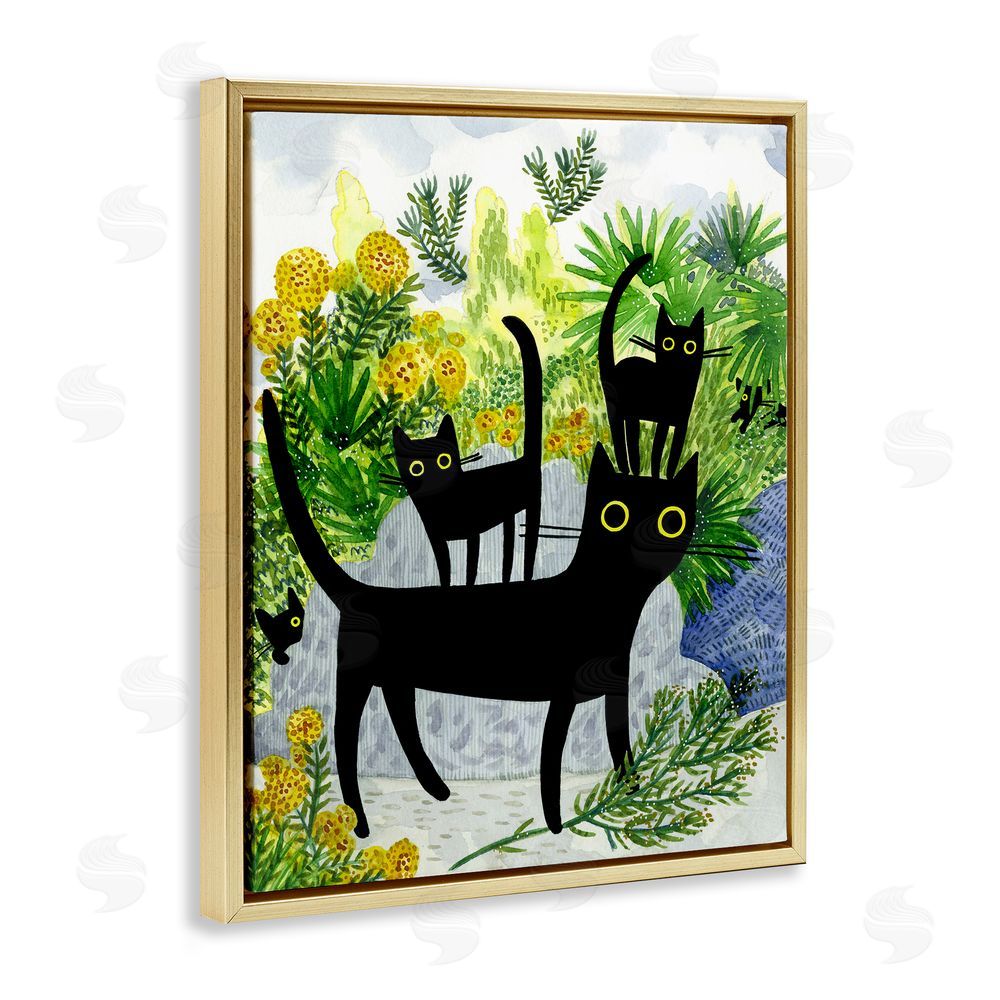 Leeza Hernandez Cat Walk on Garden Path Gold Floating Frame Canvas Wall Art Print
