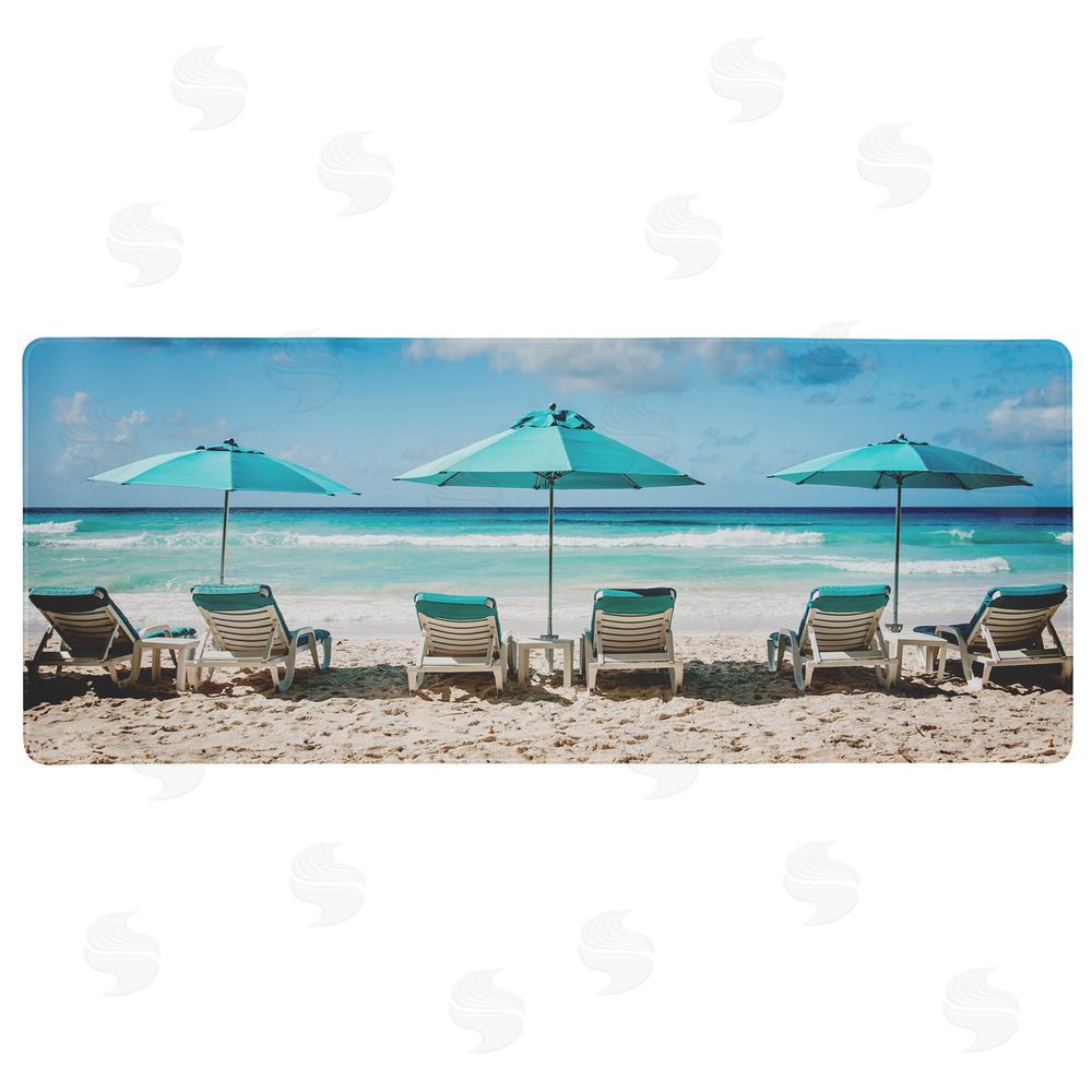 Mary Lou Johnson Beach Chairs Under Blue Umbrellas