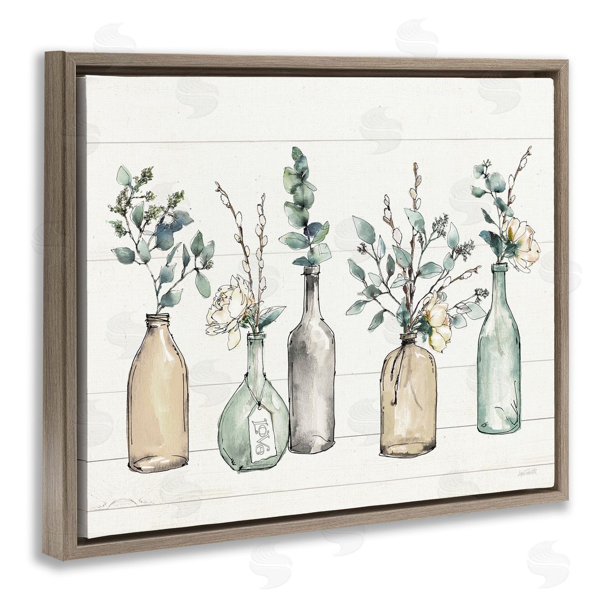 Bottles And Plants Vases Brown Floating Frame Canvas Wall Art, Home Decor by Anne Tavoletti