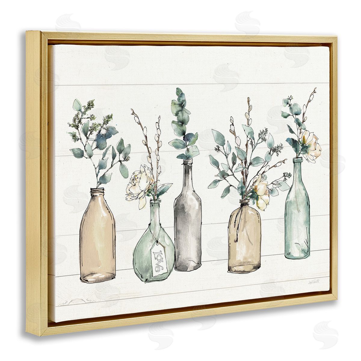 Bottles And Plants Vases Gold Floating Frame Canvas Wall Art, Home Decor by Anne Tavoletti