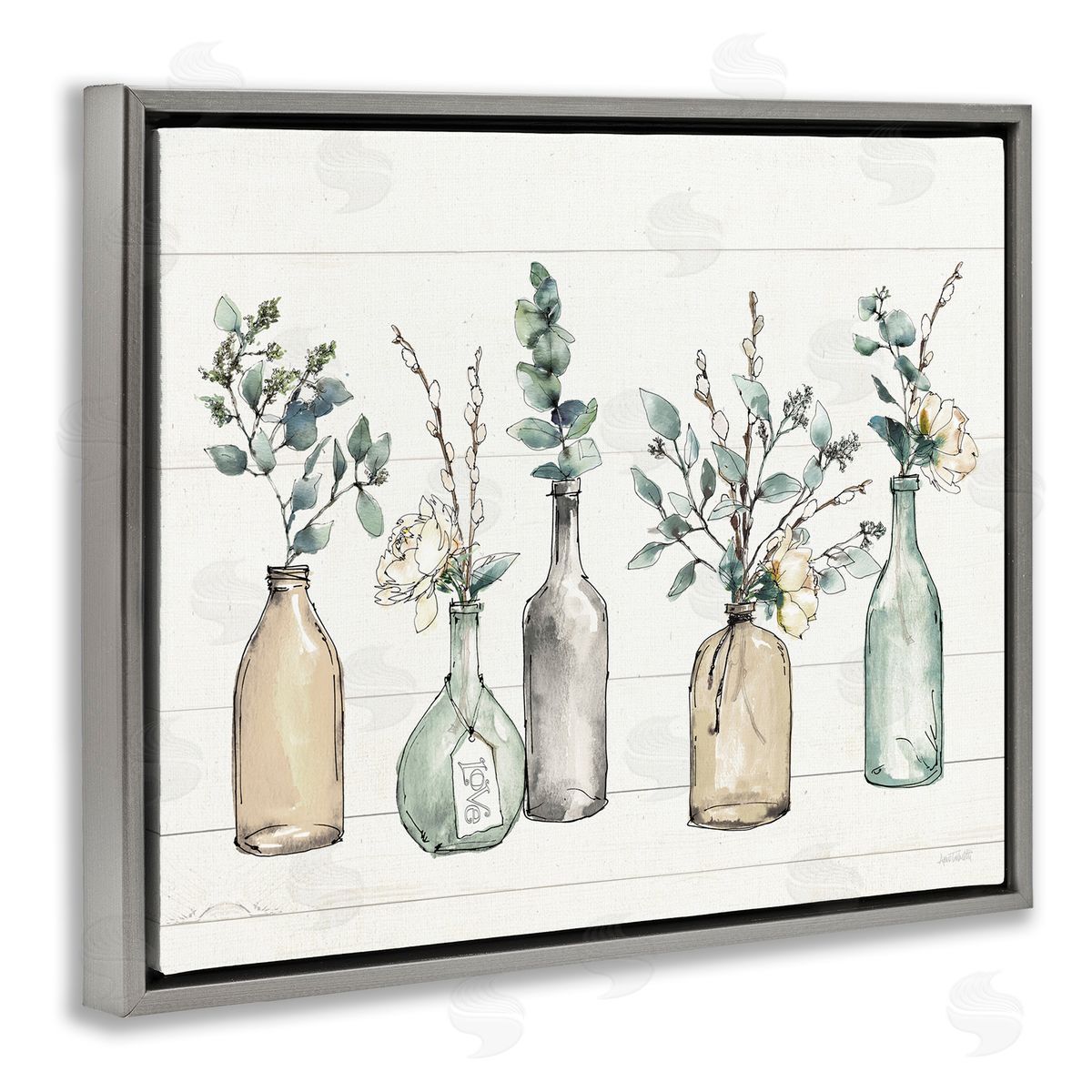 Bottles And Plants Vases Grey Floating Frame Canvas Wall Art, Home Decor by Anne Tavoletti