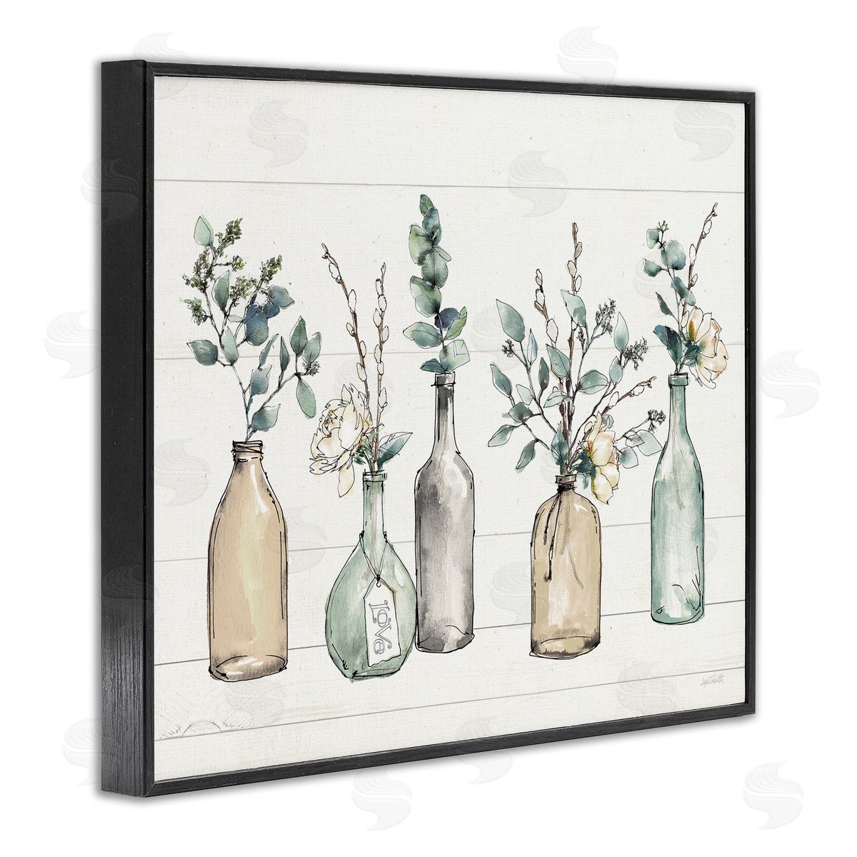 Bottles And Plants Vases Black Frame Print Wall Art, Home Decor by Anne Tavoletti