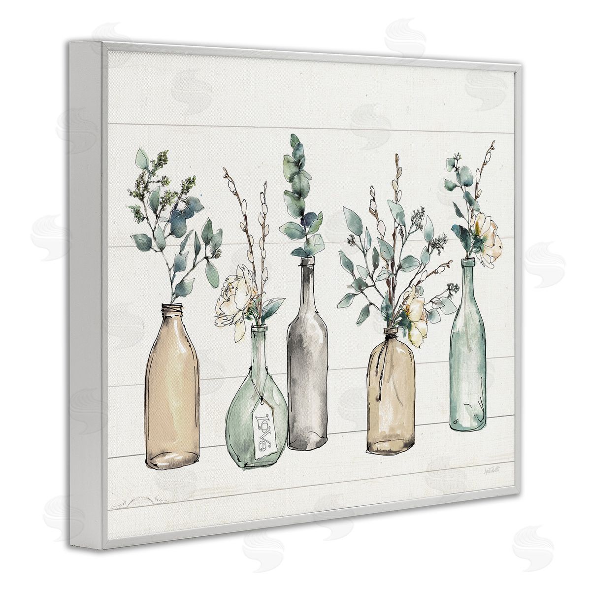 Bottles And Plants Vases White Frame Print Wall Art, Home Decor by Anne Tavoletti