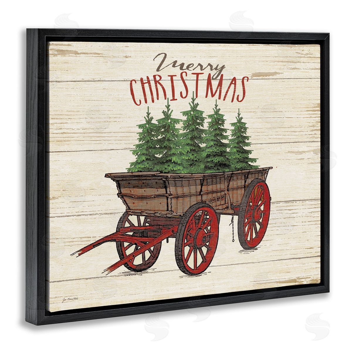 Merry Christmas Tree Wagon Black Floating Frame Canvas Wall Art, Home Decor by Jo Moulton