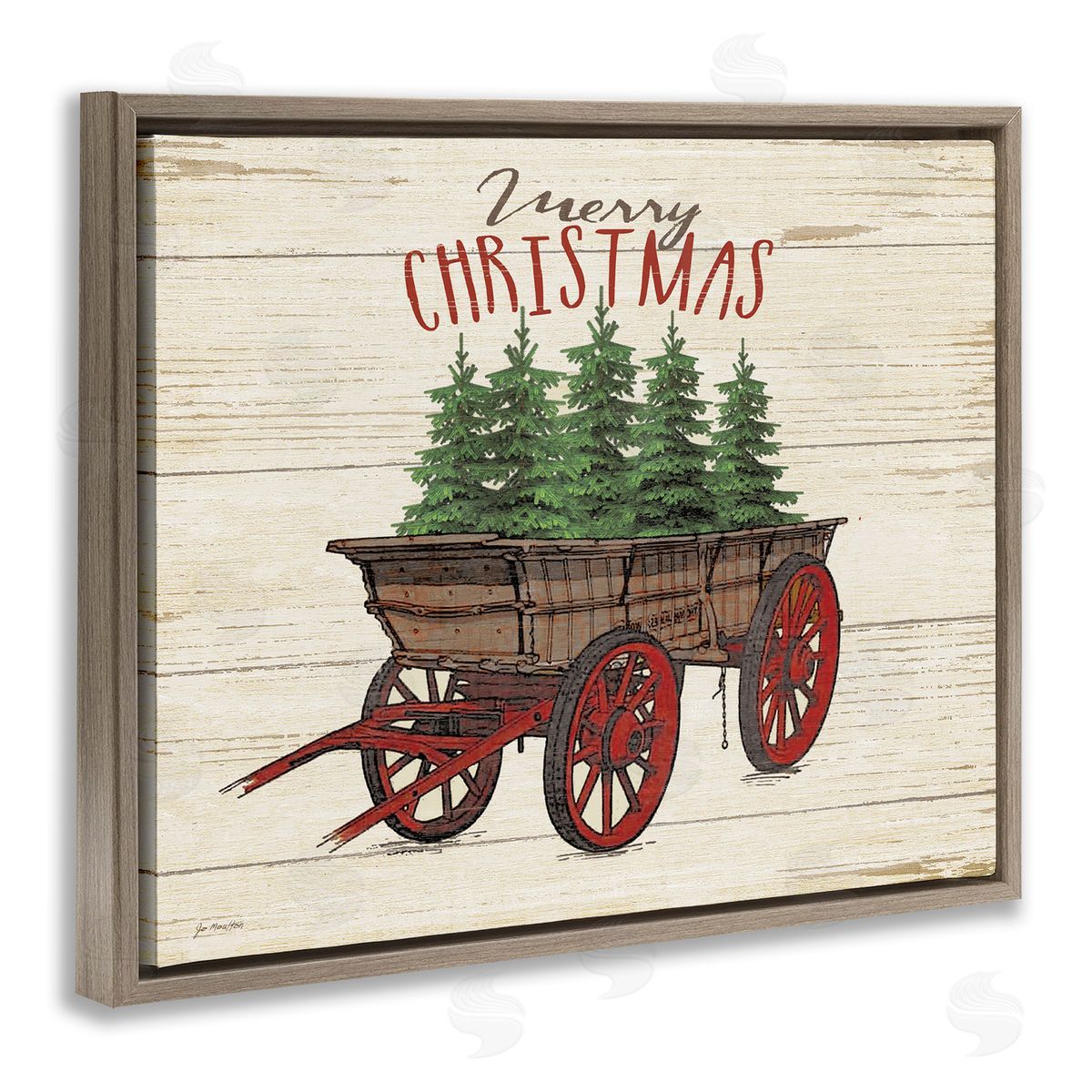 Merry Christmas Tree Wagon Brown Floating Frame Canvas Wall Art, Home Decor by Jo Moulton