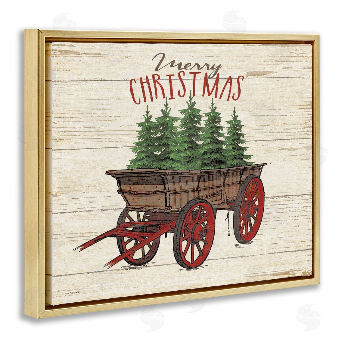 Merry Christmas Tree Wagon Gold Floating Frame Canvas Wall Art, Home Decor by Jo Moulton