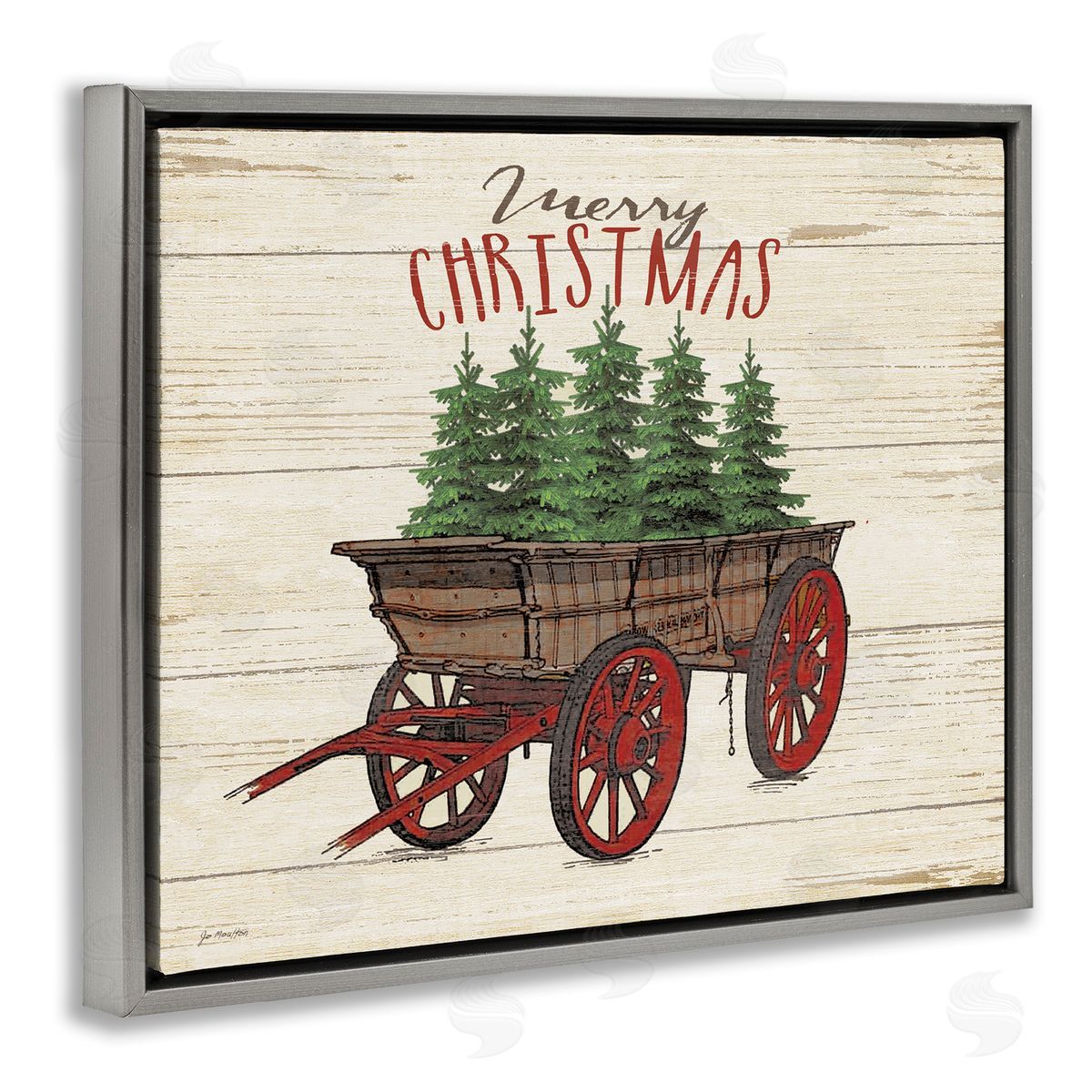 Merry Christmas Tree Wagon Grey Floating Frame Canvas Wall Art, Home Decor by Jo Moulton